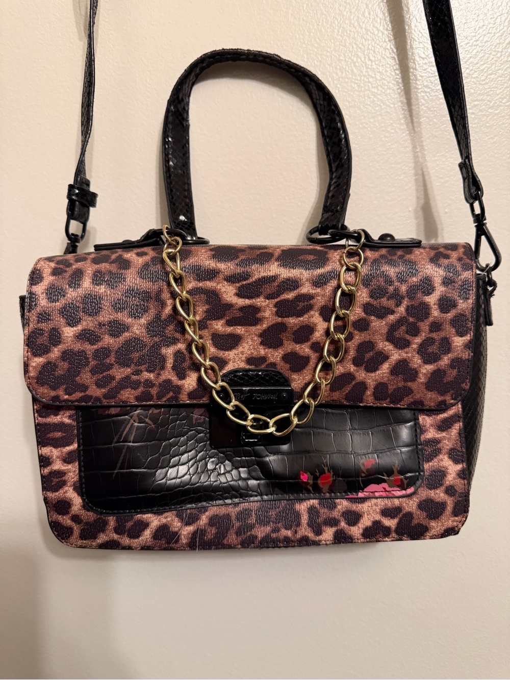 Betsey Johnson for Torrid Leopard Satchel with Black Croc Accent and Gold Chain
